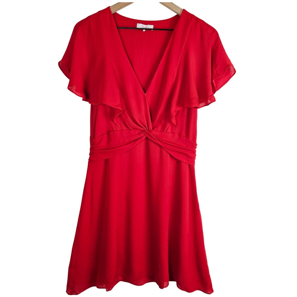 Parker Kate Flutter-Sleeve‎ Knotted A-Line Silk Dress, red,size 6